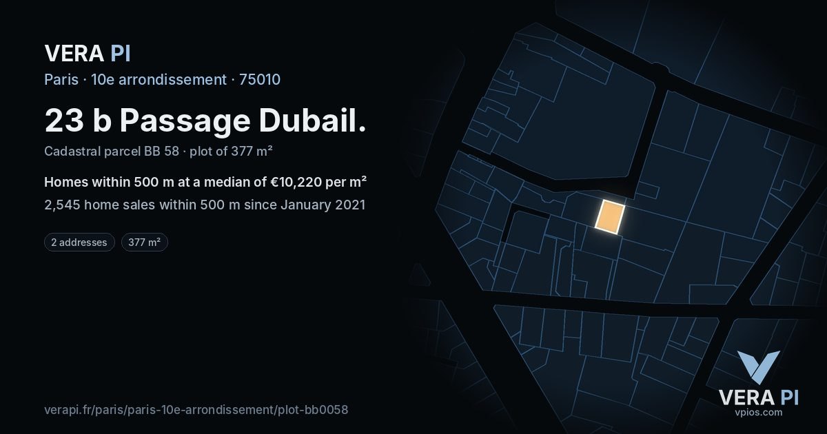 23 b Passage Dubail, 10e arrondissement at night – the plot lit, the parcels around coloured by the prices near them