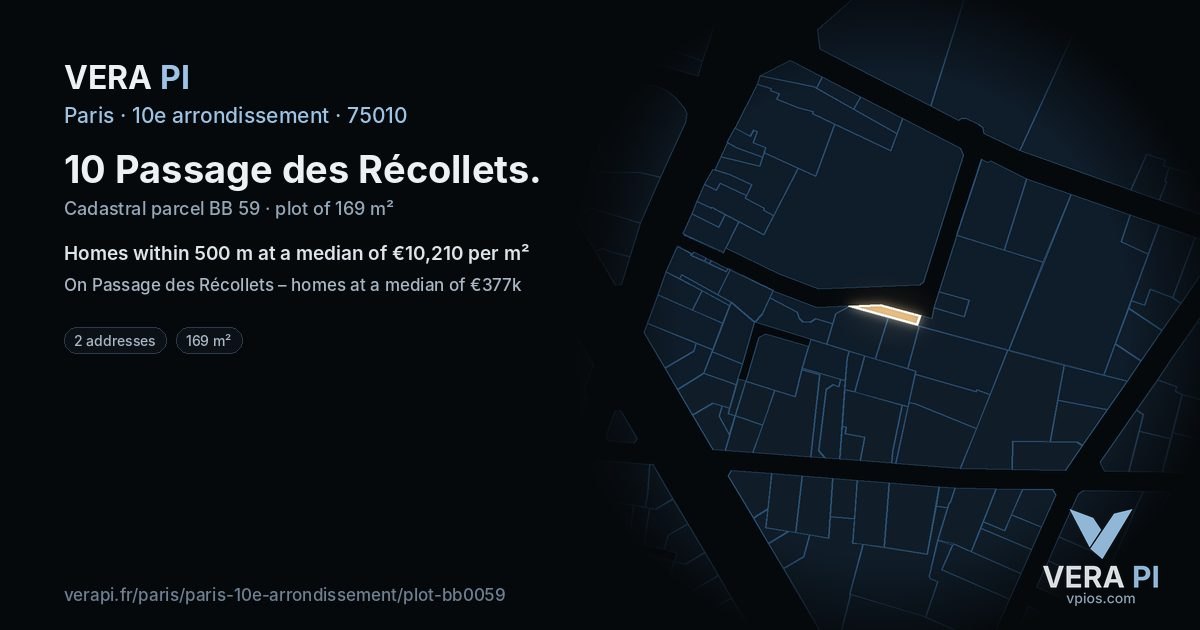 10 Passage des Récollets, 10e arrondissement at night – the plot lit, the parcels around coloured by the prices near them