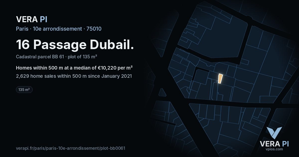 16 Passage Dubail, 10e arrondissement at night – the plot lit, the parcels around coloured by the prices near them