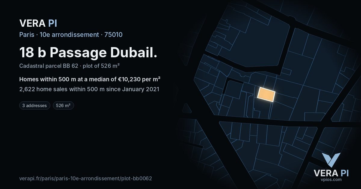 18 b Passage Dubail, 10e arrondissement at night – the plot lit, the parcels around coloured by the prices near them