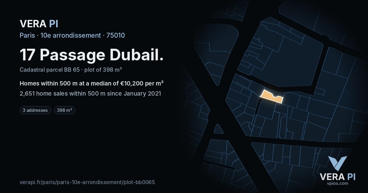 17 Passage Dubail, 10e arrondissement at night – the plot lit, the parcels around coloured by the prices near them
