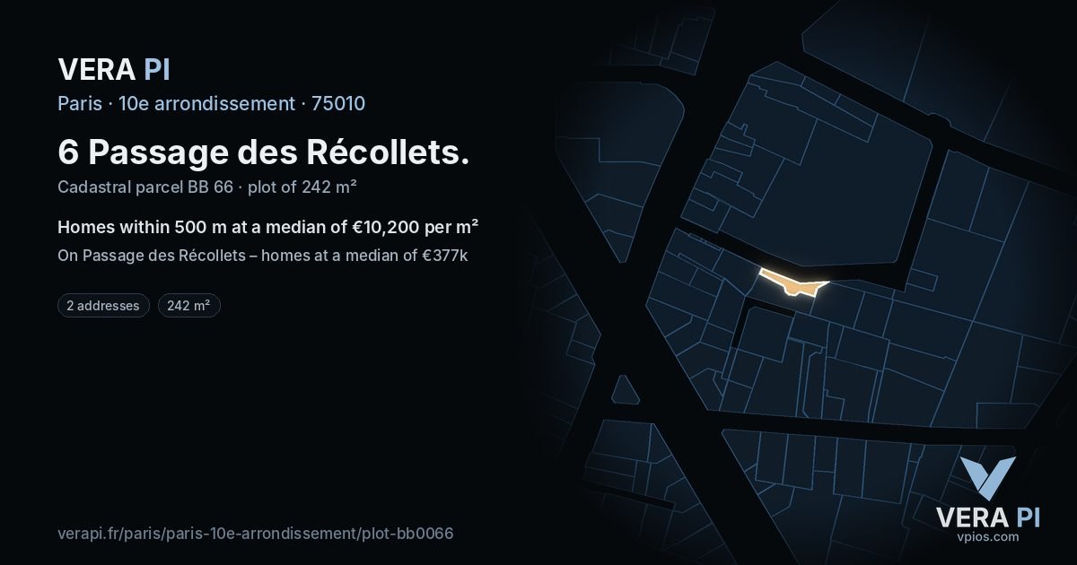 6 Passage des Récollets, 10e arrondissement at night – the plot lit, the parcels around coloured by the prices near them