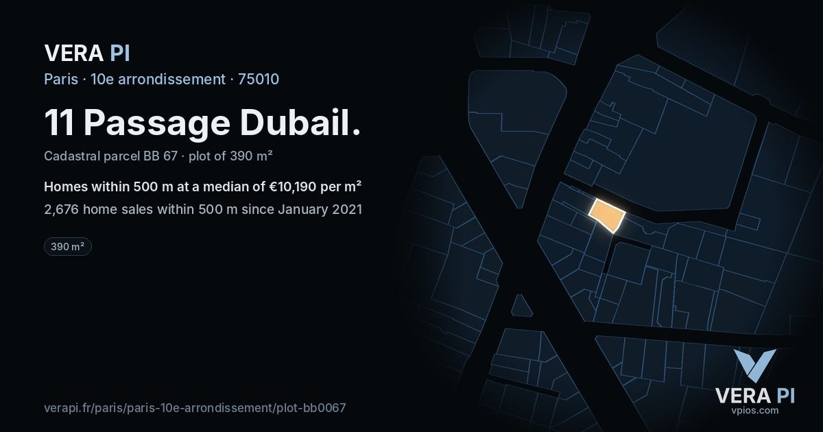 11 Passage Dubail, 10e arrondissement at night – the plot lit, the parcels around coloured by the prices near them