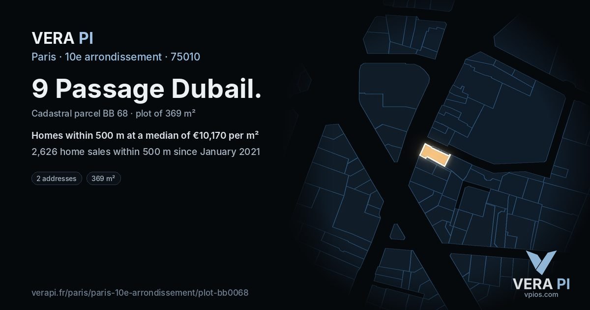 9 Passage Dubail, 10e arrondissement at night – the plot lit, the parcels around coloured by the prices near them