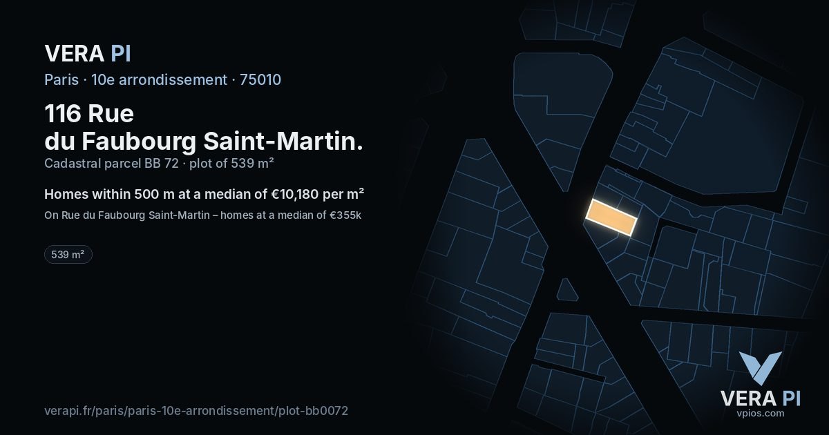 116 Rue du Faubourg Saint-Martin, 10e arrondissement at night – the plot lit, the parcels around coloured by the prices near them
