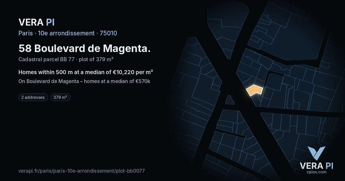 58 Boulevard de Magenta, 10e arrondissement at night – the plot lit, the parcels around coloured by the prices near them