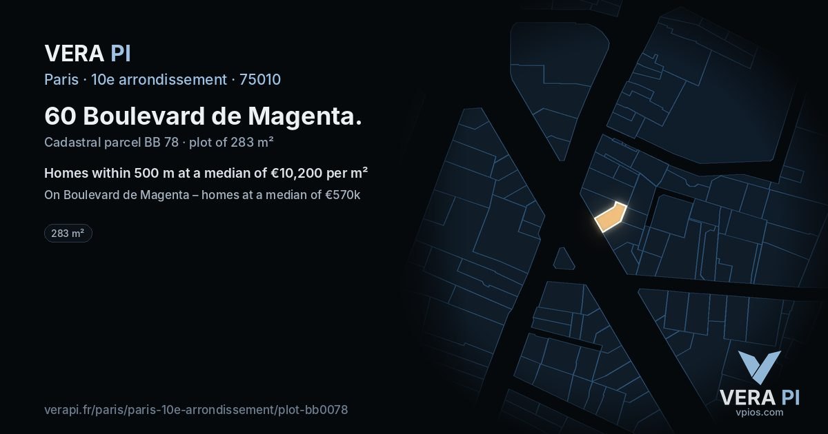 60 Boulevard de Magenta, 10e arrondissement at night – the plot lit, the parcels around coloured by the prices near them