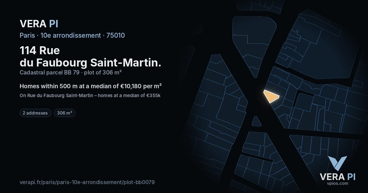114 Rue du Faubourg Saint-Martin, 10e arrondissement at night – the plot lit, the parcels around coloured by the prices near them