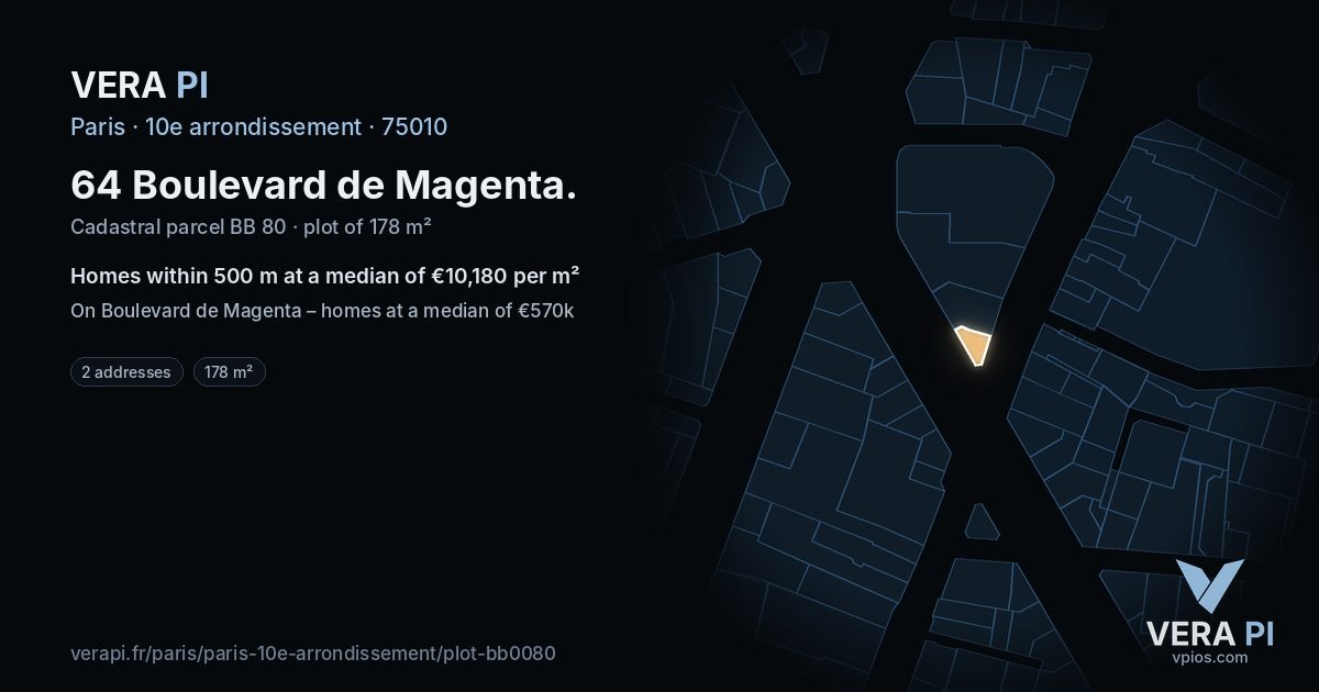 64 Boulevard de Magenta, 10e arrondissement at night – the plot lit, the parcels around coloured by the prices near them