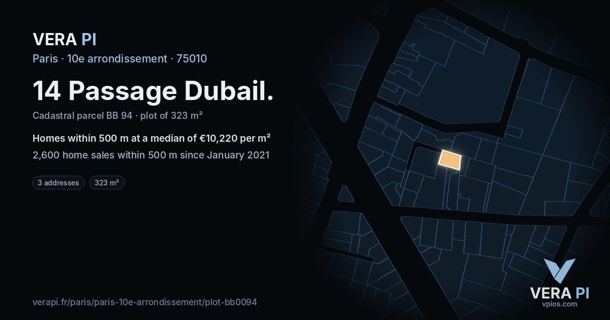 14 Passage Dubail, 10e arrondissement at night – the plot lit, the parcels around coloured by the prices near them