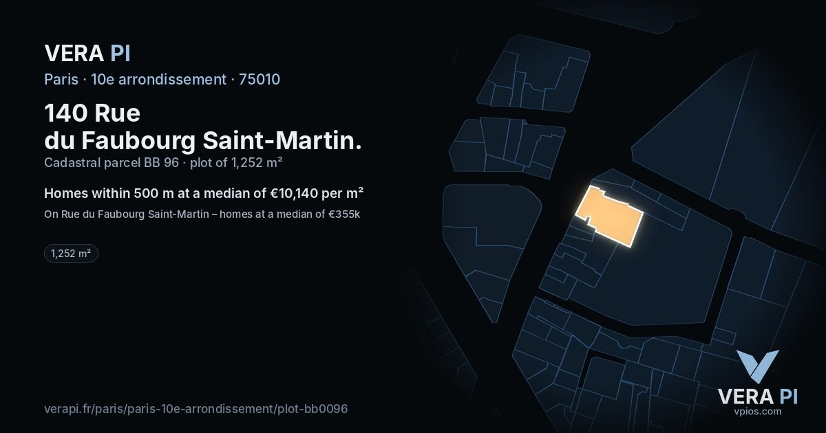 140 Rue du Faubourg Saint-Martin, 10e arrondissement at night – the plot lit, the parcels around coloured by the prices near them