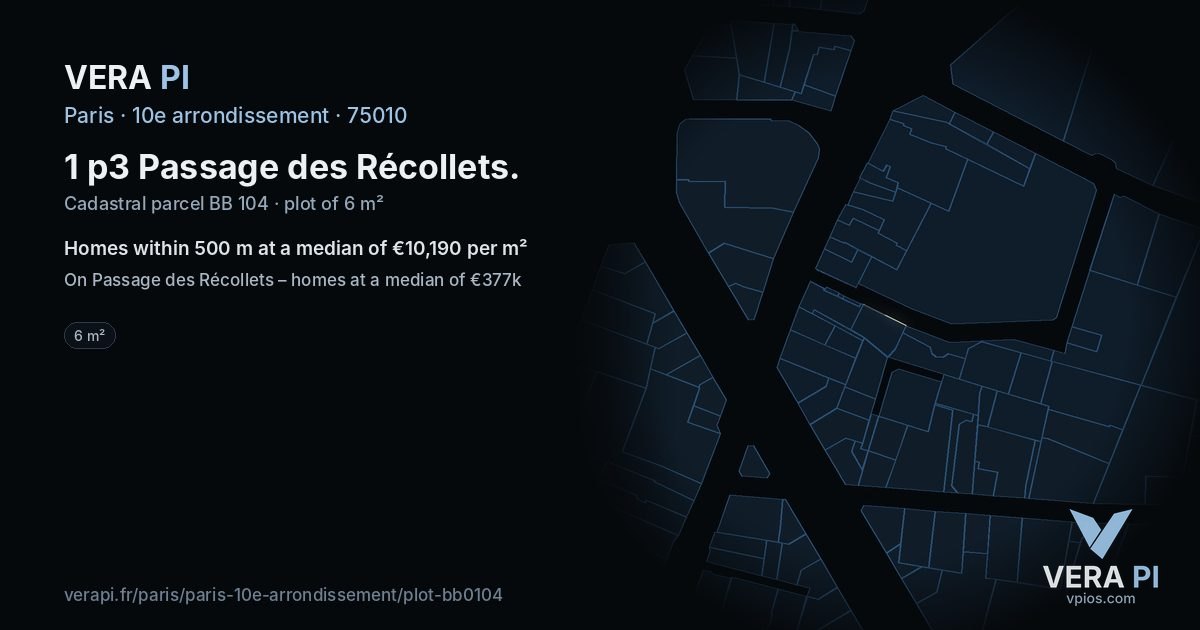 1 p3 Passage des Récollets, 10e arrondissement at night – the plot lit, the parcels around coloured by the prices near them