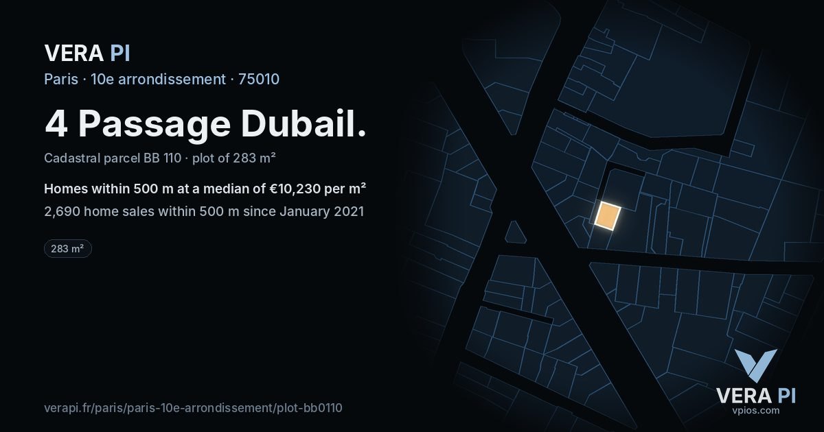 4 Passage Dubail, 10e arrondissement at night – the plot lit, the parcels around coloured by the prices near them