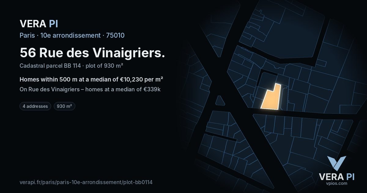 56 Rue des Vinaigriers, 10e arrondissement at night – the plot lit, the parcels around coloured by the prices near them