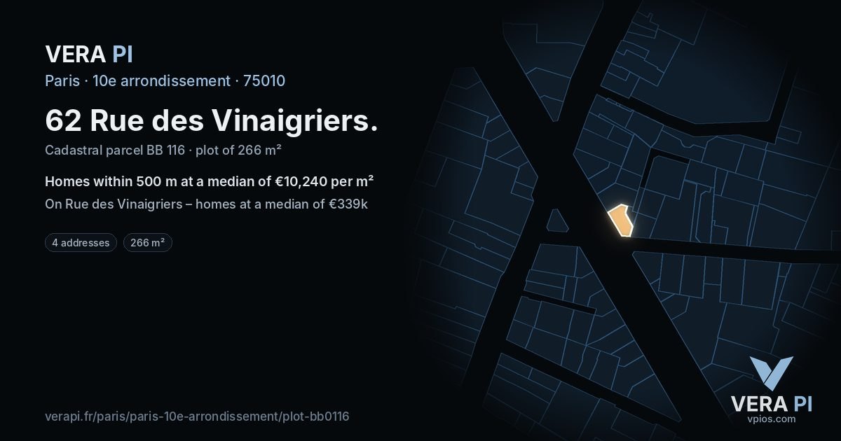 62 Rue des Vinaigriers, 10e arrondissement at night – the plot lit, the parcels around coloured by the prices near them