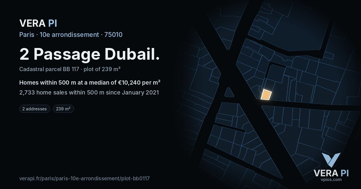 2 Passage Dubail, 10e arrondissement at night – the plot lit, the parcels around coloured by the prices near them