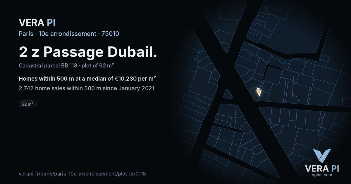 2 z Passage Dubail, 10e arrondissement at night – the plot lit, the parcels around coloured by the prices near them