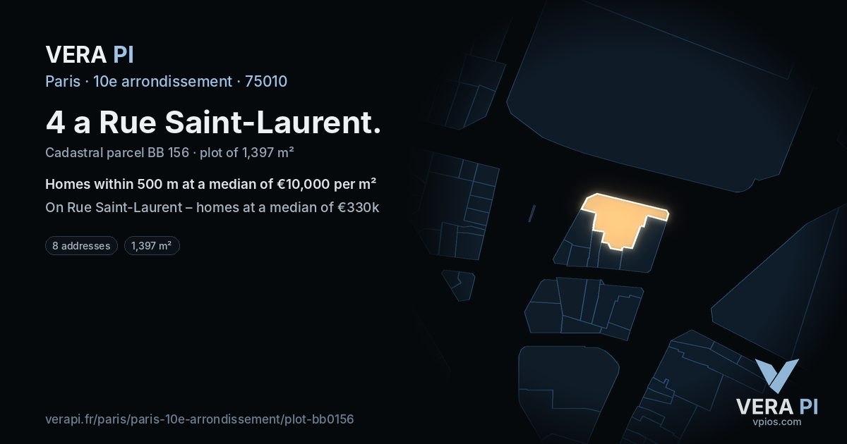 4 a Rue Saint-Laurent, 10e arrondissement at night – the plot lit, the parcels around coloured by the prices near them