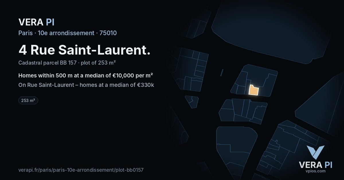4 Rue Saint-Laurent, 10e arrondissement at night – the plot lit, the parcels around coloured by the prices near them