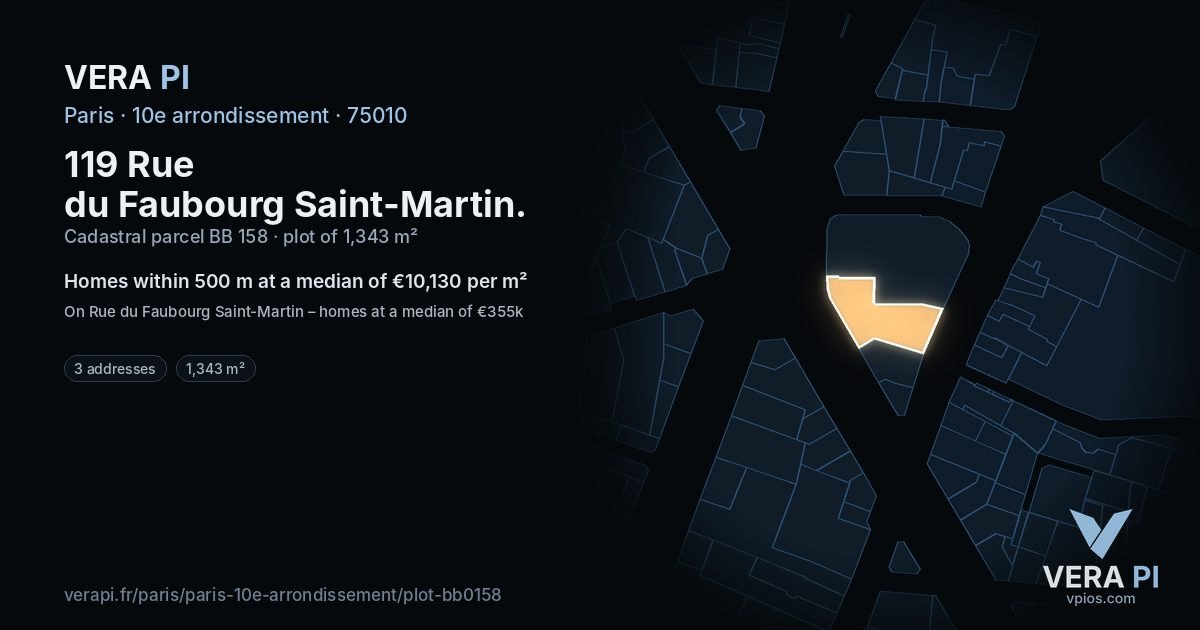 119 Rue du Faubourg Saint-Martin, 10e arrondissement at night – the plot lit, the parcels around coloured by the prices near them