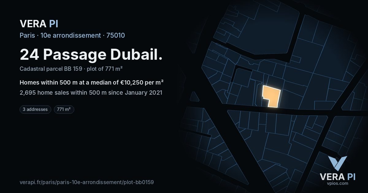 24 Passage Dubail, 10e arrondissement at night – the plot lit, the parcels around coloured by the prices near them