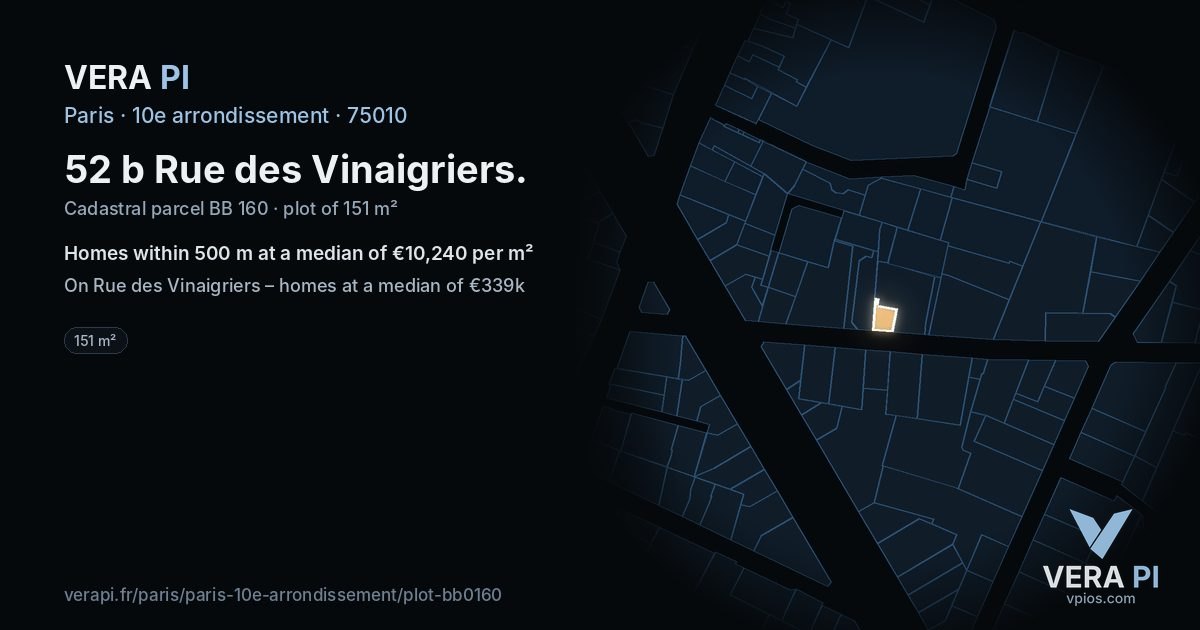 52 b Rue des Vinaigriers, 10e arrondissement at night – the plot lit, the parcels around coloured by the prices near them