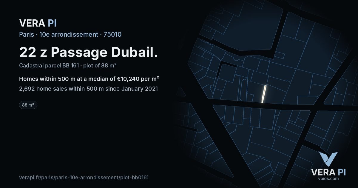 22 z Passage Dubail, 10e arrondissement at night – the plot lit, the parcels around coloured by the prices near them