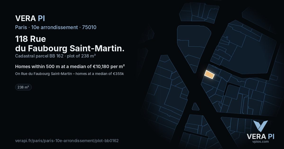 118 Rue du Faubourg Saint-Martin, 10e arrondissement at night – the plot lit, the parcels around coloured by the prices near them