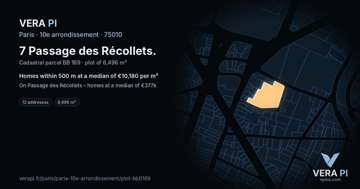 7 Passage des Récollets, 10e arrondissement at night – the plot lit, the parcels around coloured by the prices near them