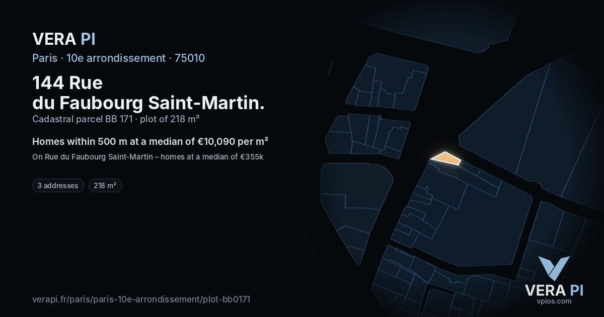 144 Rue du Faubourg Saint-Martin, 10e arrondissement at night – the plot lit, the parcels around coloured by the prices near them