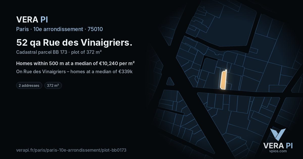 52 qa Rue des Vinaigriers, 10e arrondissement at night – the plot lit, the parcels around coloured by the prices near them