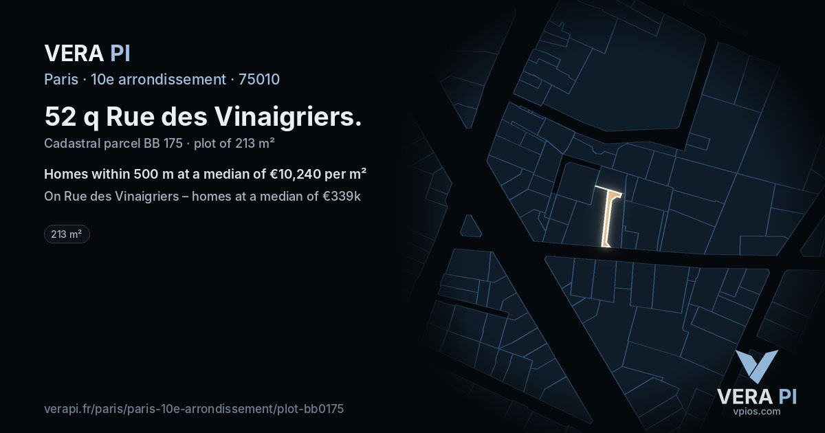 52 q Rue des Vinaigriers, 10e arrondissement at night – the plot lit, the parcels around coloured by the prices near them
