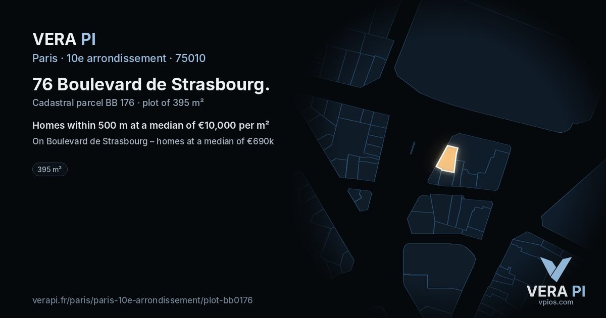 76 Boulevard de Strasbourg, 10e arrondissement at night – the plot lit, the parcels around coloured by the prices near them