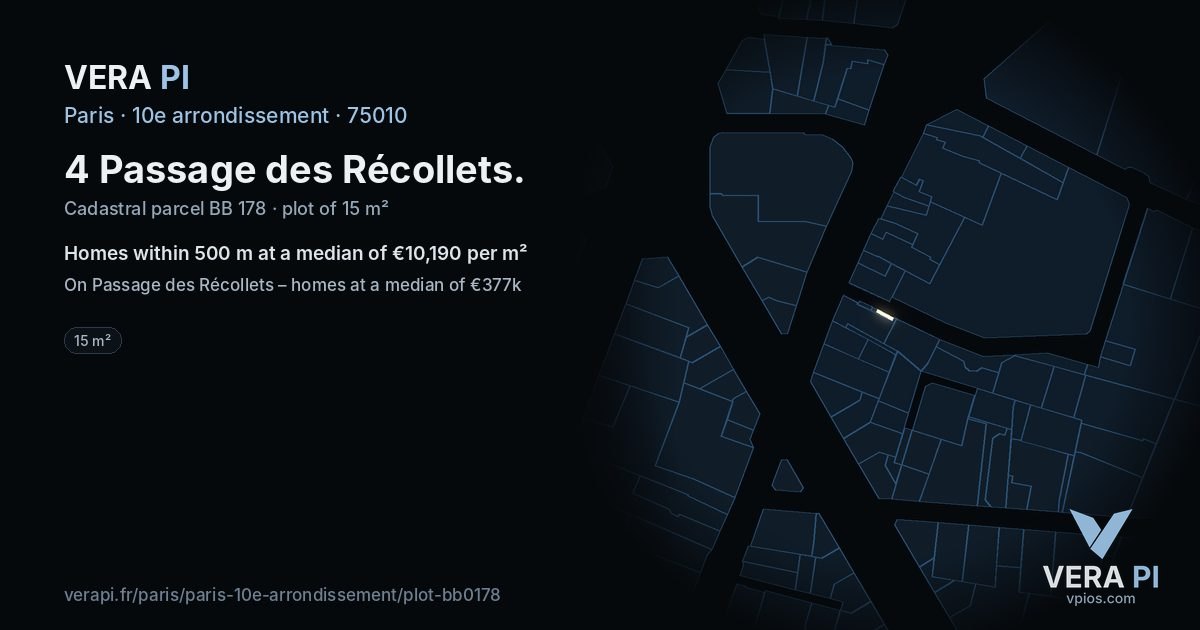 4 Passage des Récollets, 10e arrondissement at night – the plot lit, the parcels around coloured by the prices near them
