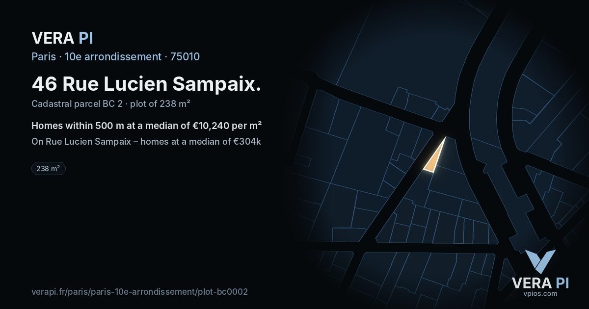 46 Rue Lucien Sampaix, 10e arrondissement at night – the plot lit, the parcels around coloured by the prices near them