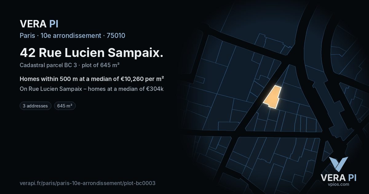 42 Rue Lucien Sampaix, 10e arrondissement at night – the plot lit, the parcels around coloured by the prices near them