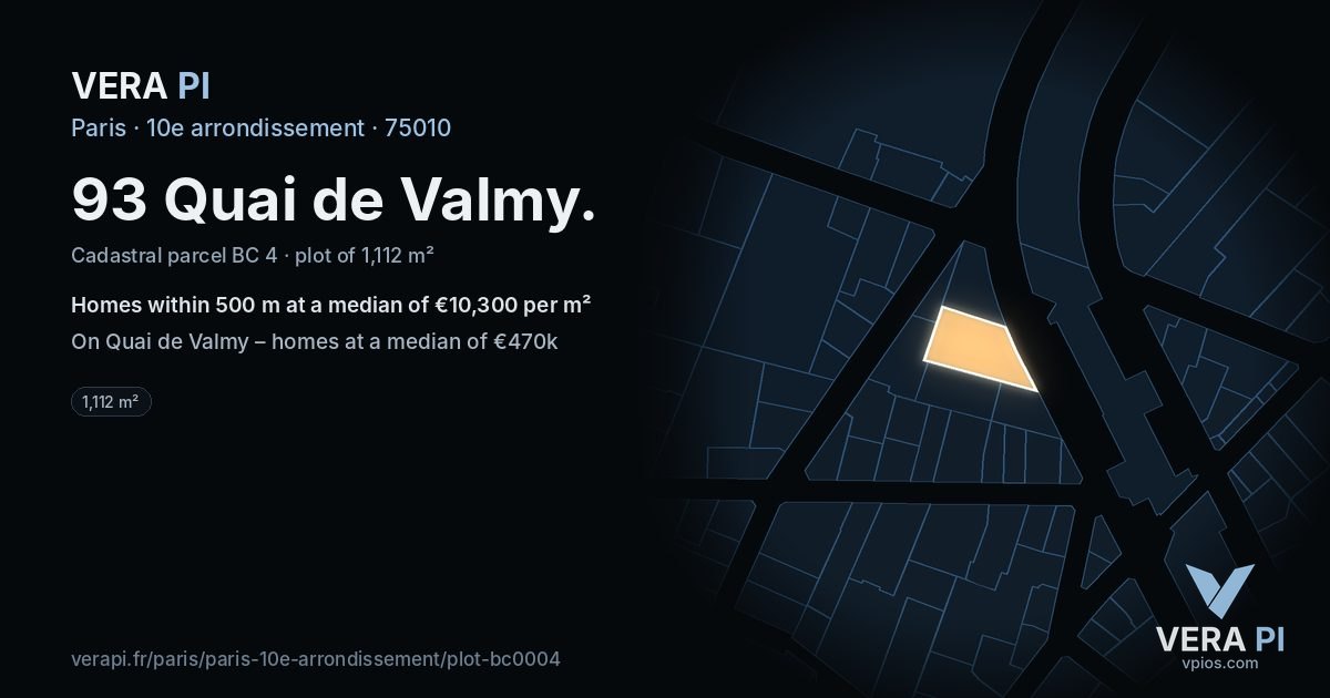 93 Quai de Valmy, 10e arrondissement at night – the plot lit, the parcels around coloured by the prices near them