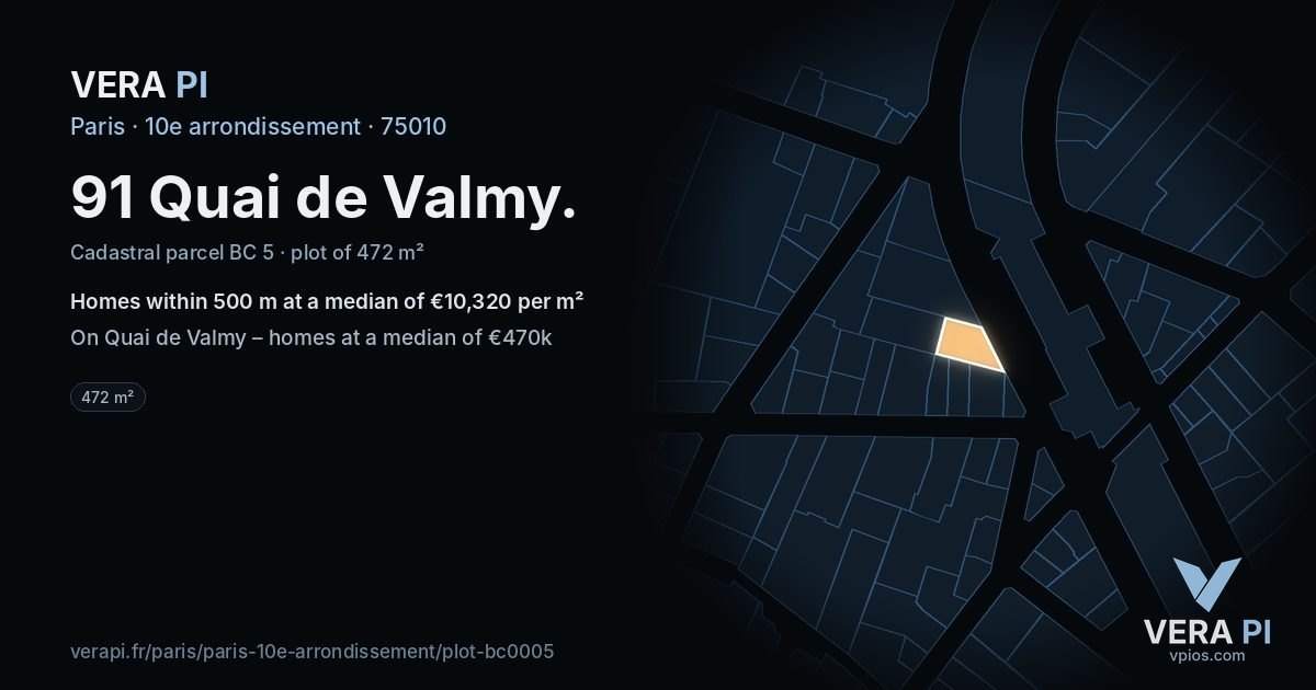91 Quai de Valmy, 10e arrondissement at night – the plot lit, the parcels around coloured by the prices near them