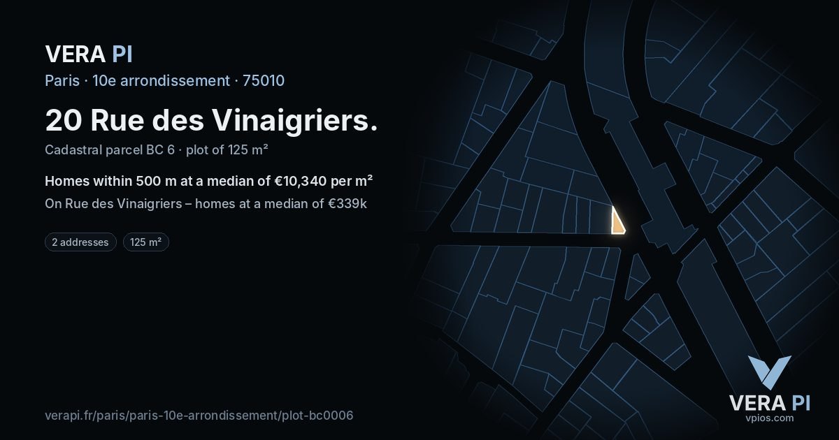 20 Rue des Vinaigriers, 10e arrondissement at night – the plot lit, the parcels around coloured by the prices near them