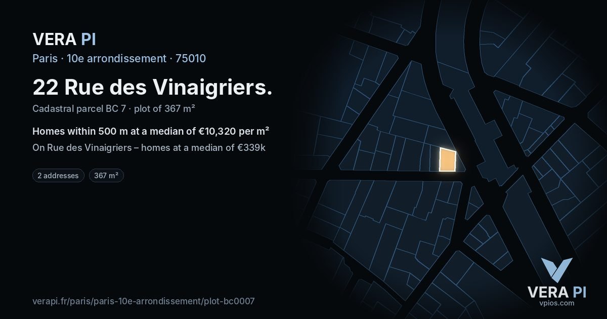 22 Rue des Vinaigriers, 10e arrondissement at night – the plot lit, the parcels around coloured by the prices near them