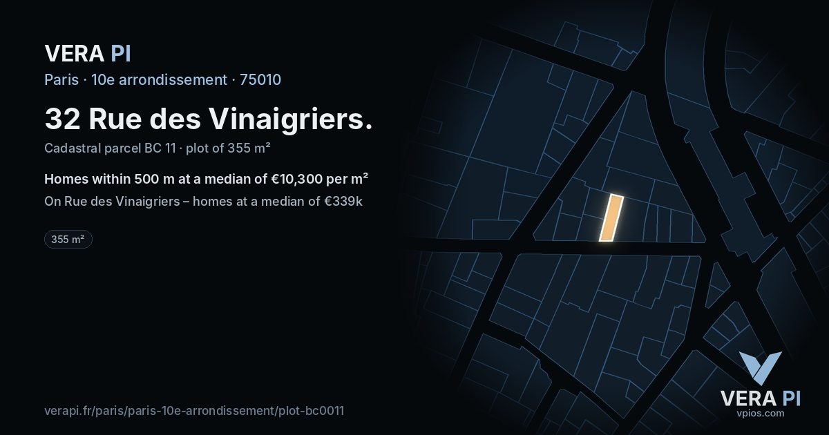 32 Rue des Vinaigriers, 10e arrondissement at night – the plot lit, the parcels around coloured by the prices near them
