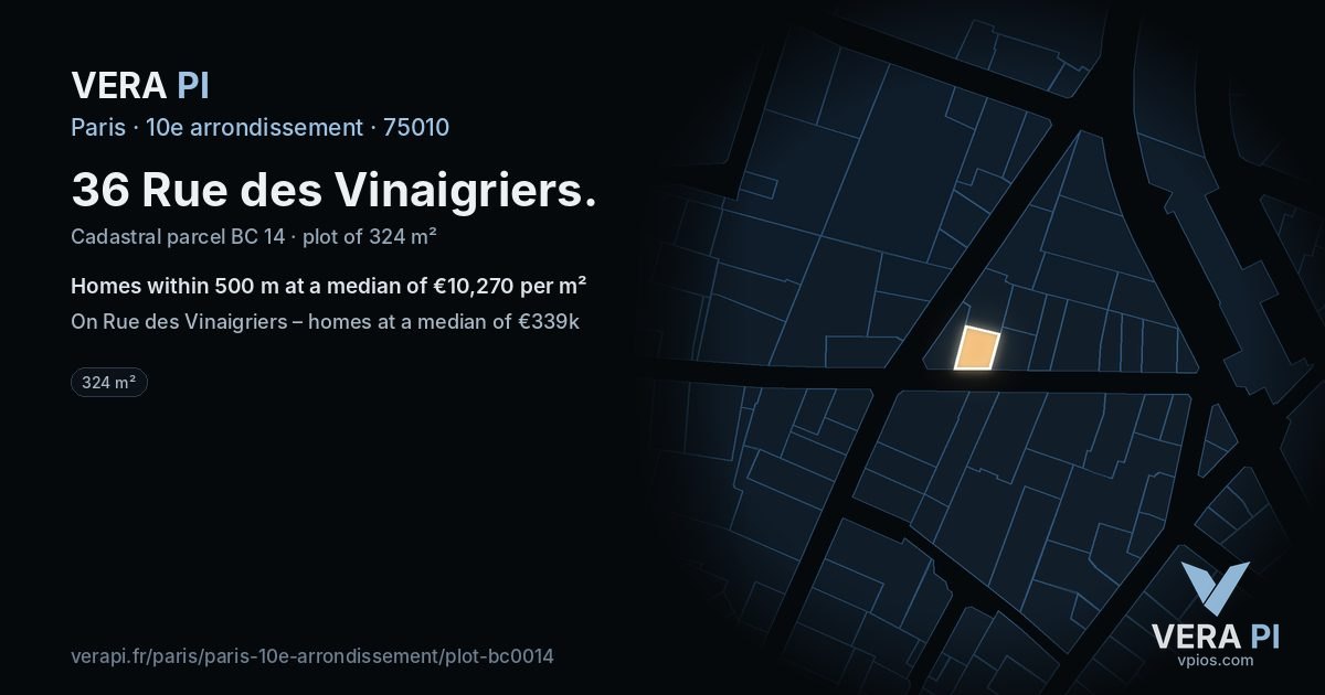36 Rue des Vinaigriers, 10e arrondissement at night – the plot lit, the parcels around coloured by the prices near them
