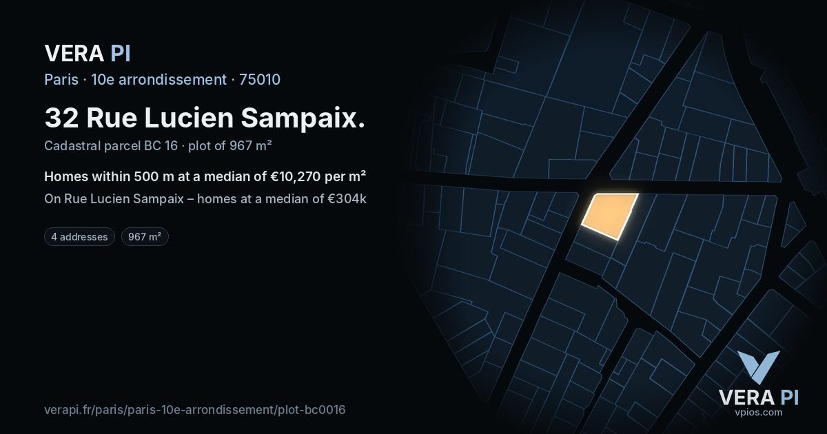 32 Rue Lucien Sampaix, 10e arrondissement at night – the plot lit, the parcels around coloured by the prices near them
