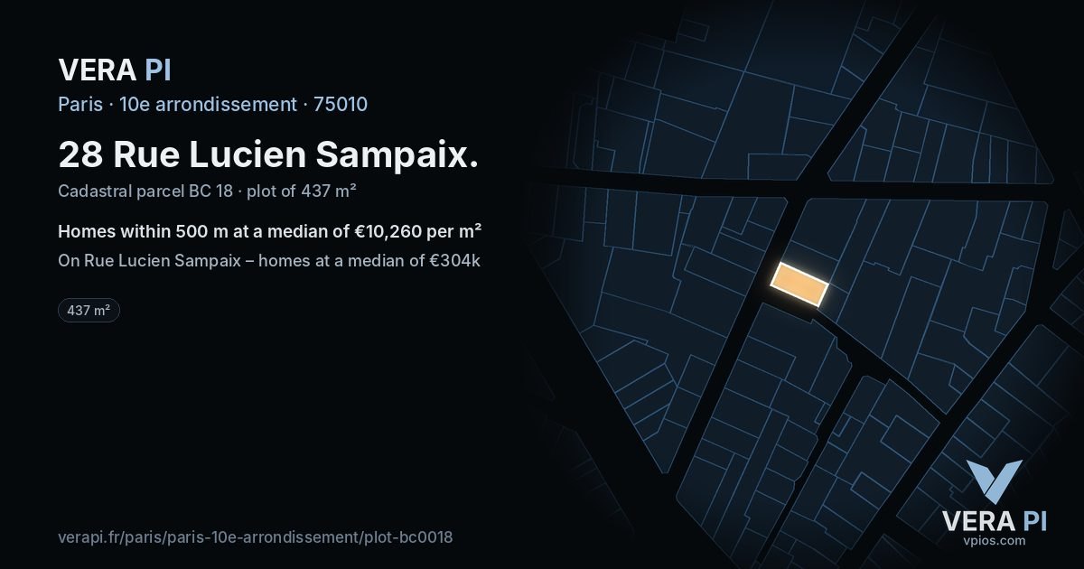 28 Rue Lucien Sampaix, 10e arrondissement at night – the plot lit, the parcels around coloured by the prices near them