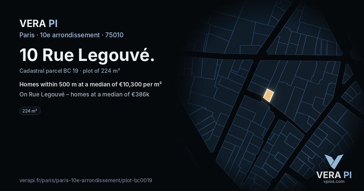10 Rue Legouvé, 10e arrondissement at night – the plot lit, the parcels around coloured by the prices near them
