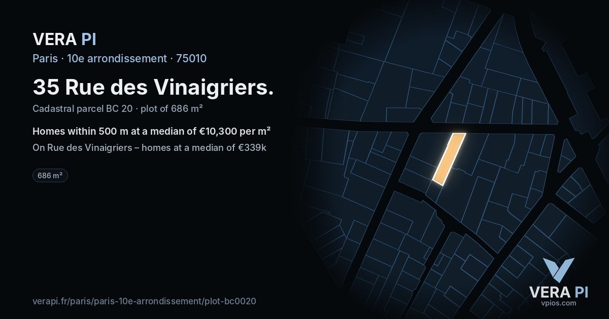 35 Rue des Vinaigriers, 10e arrondissement at night – the plot lit, the parcels around coloured by the prices near them