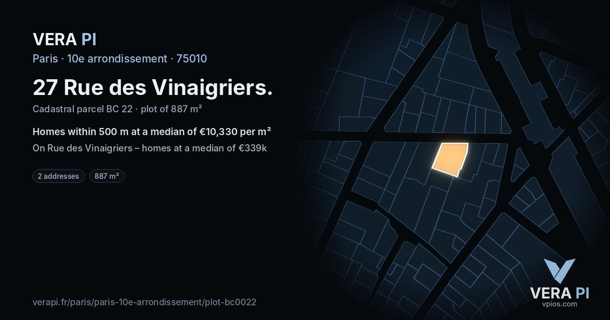27 Rue des Vinaigriers, 10e arrondissement at night – the plot lit, the parcels around coloured by the prices near them