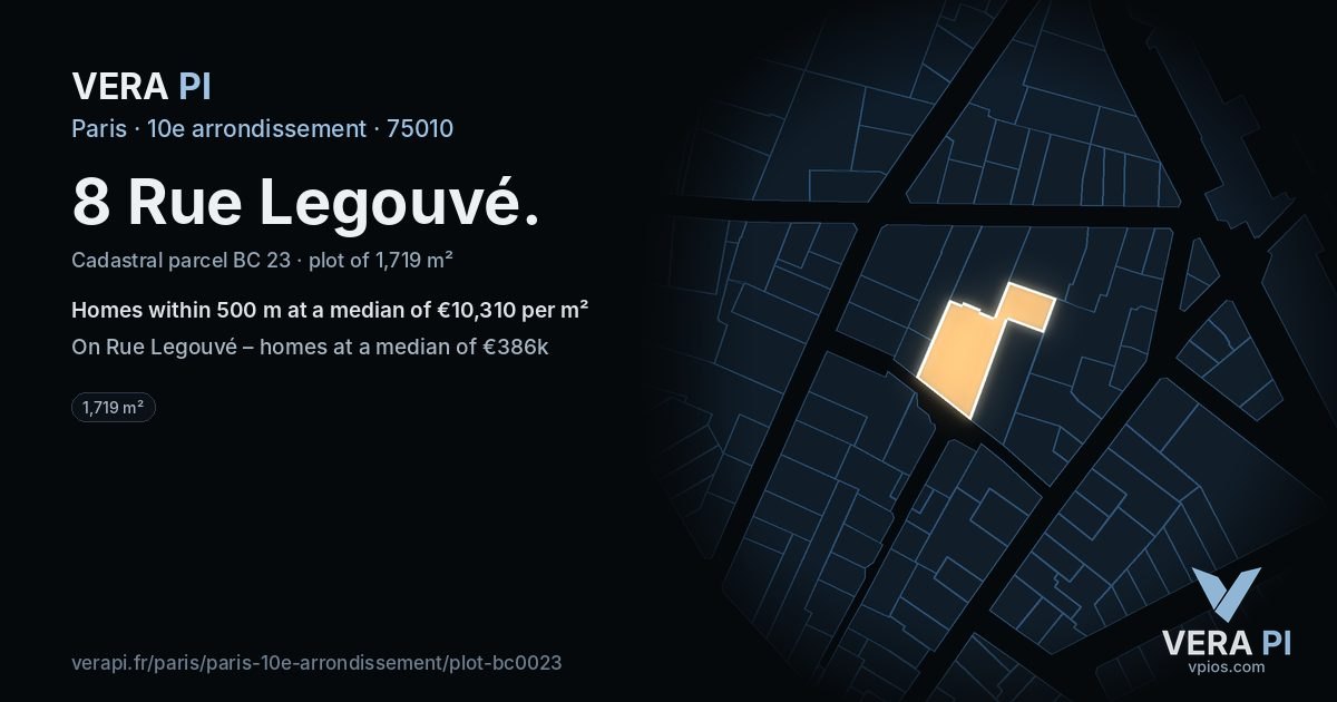 8 Rue Legouvé, 10e arrondissement at night – the plot lit, the parcels around coloured by the prices near them