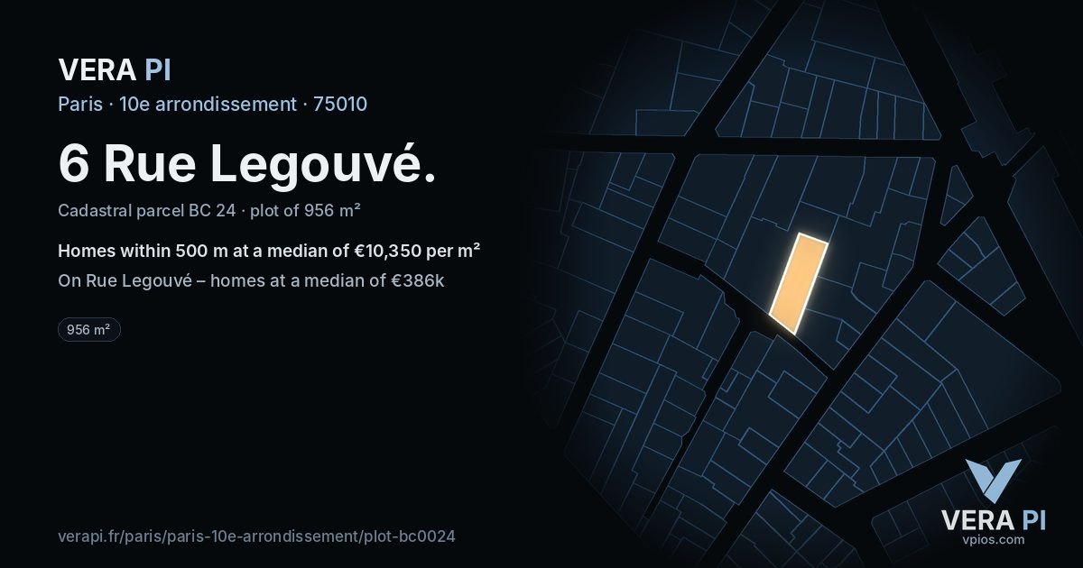6 Rue Legouvé, 10e arrondissement at night – the plot lit, the parcels around coloured by the prices near them