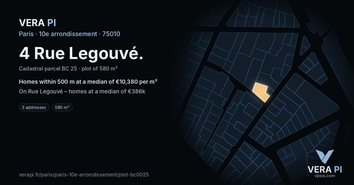 4 Rue Legouvé, 10e arrondissement at night – the plot lit, the parcels around coloured by the prices near them